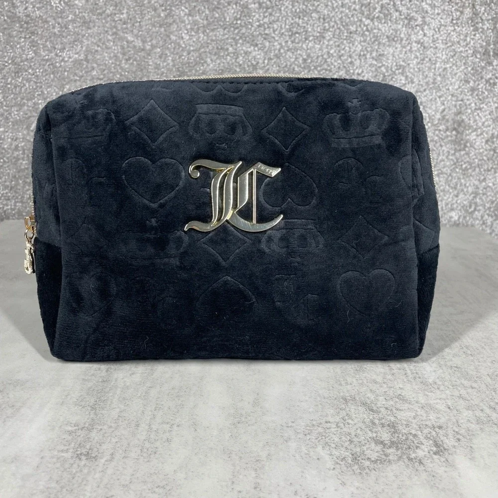 Juicy Couture Velour Makeup Bag Y2K Embossed Monogram Cosmetic Pouch Black Gold